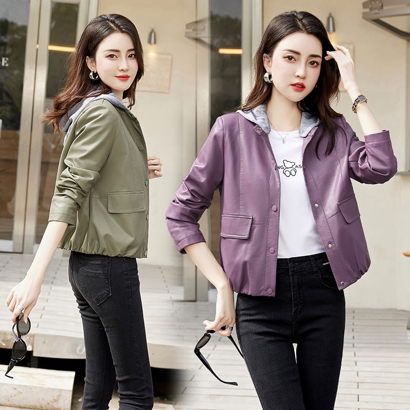 Leather jacket for women, short, versatile, slimming, small characters,  new Haining high-end and high-end motorcycle wear