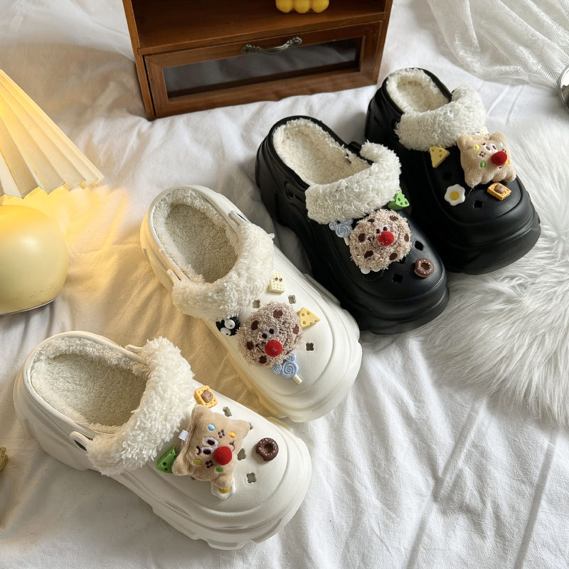 網紅可愛加絨洞洞鞋女外穿冬季可拆卸厚底增高加絨保暖包頭棉拖鞋