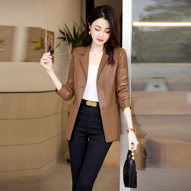 Spring and Autumn Women's Leather Jacket  New Jacket Slim Waist Fashionable Slim Mid-Length Motorcycle Jacket