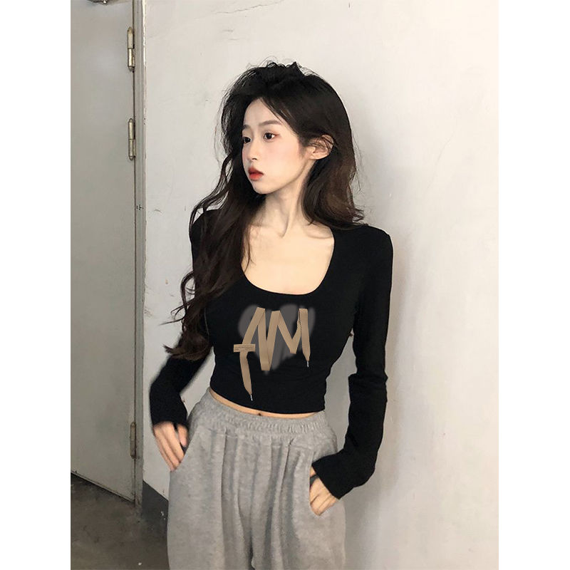 純欲風辣妹u領長袖t恤女秋季高腰露臍黑色內搭打底衫修身短款上衣