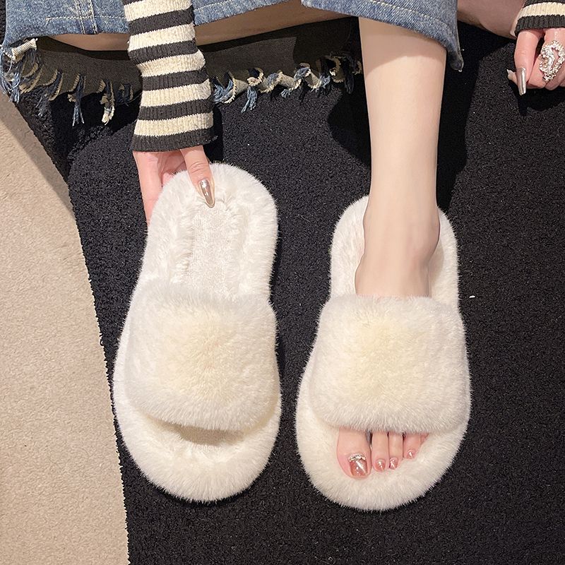 毛毛拖鞋女外穿新款韩版ins潮秋冬季室内防滑厚底一字棉拖鞋