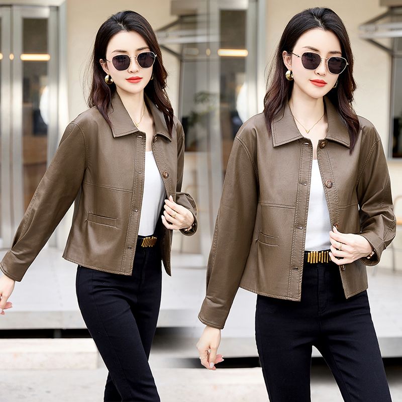 High-end Spring and Autumn Women's Short Leather Jacket  New Loose Lapel Long Sleeve Fashion Motorcycle Leather Jacket