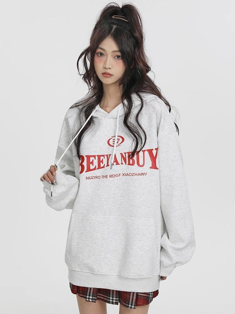100%純棉字母印花連帽衛衣女2023秋冬季新款oversize寬鬆顯瘦上衣