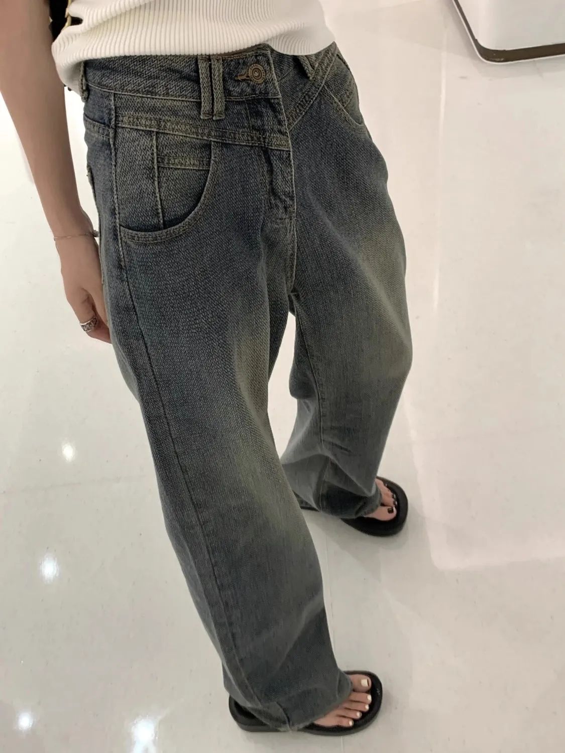 懷舊藍闊腿牛仔褲女2023秋季新款美式復古高腰寬鬆垂感直筒拖地褲