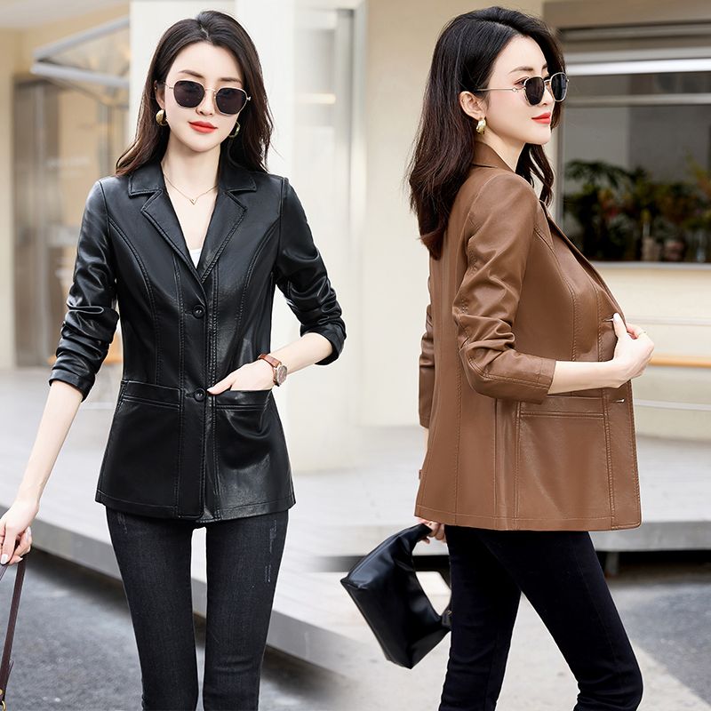 Spring and Autumn Women's Leather Jacket  New Jacket Slim Waist Fashionable Slim Mid-Length Motorcycle Jacket