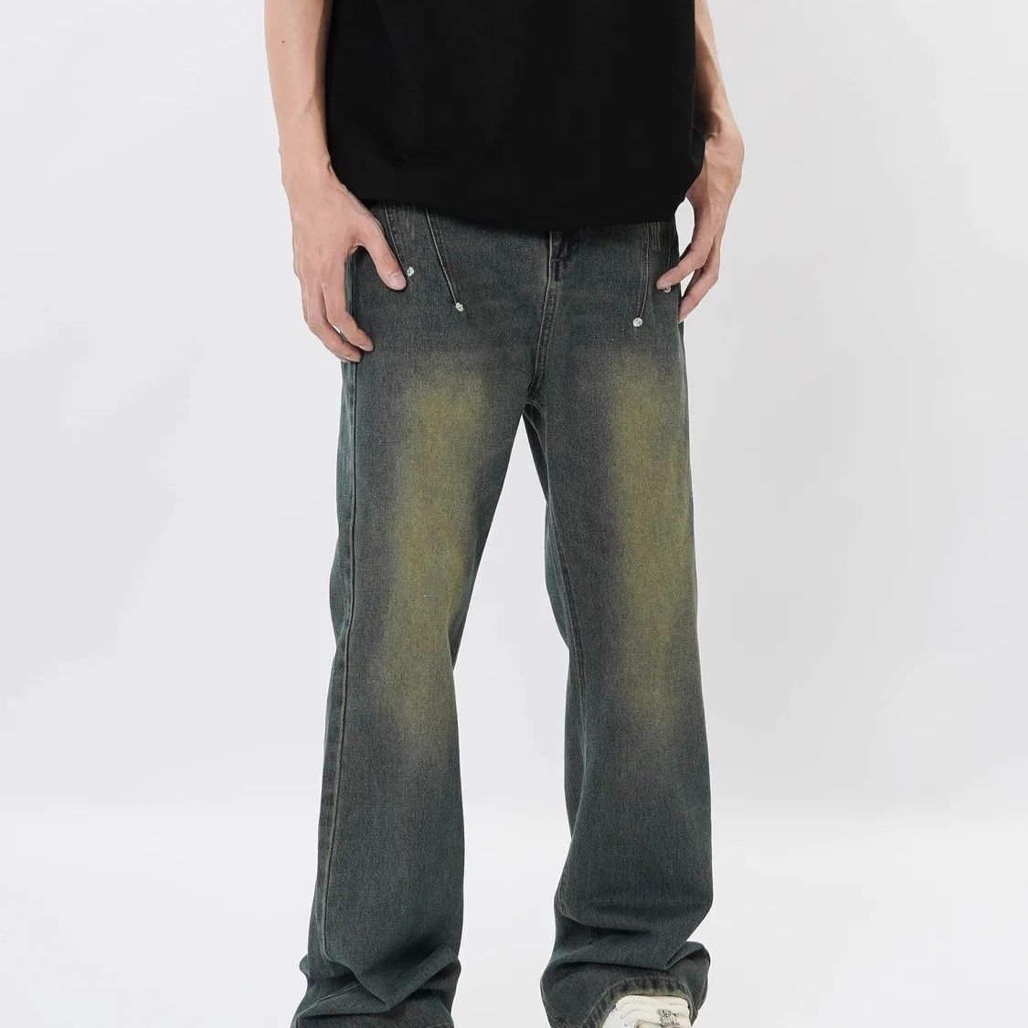 American retro washed distressed bootcut jeans for men and women straight-leg loose high street drapey floor-length trousers