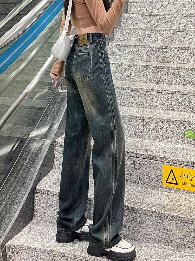 美式水泥灰闊腿牛仔褲女秋季高街梨型身材寬鬆褲子高腰直筒拖地褲