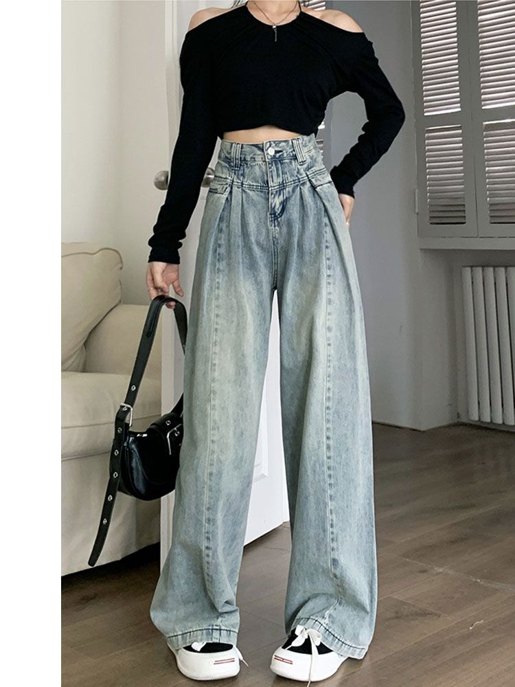 YSYOURS復古闊腿牛仔褲女春秋高腰寬鬆顯瘦大碼胖MM垂感拖地褲子