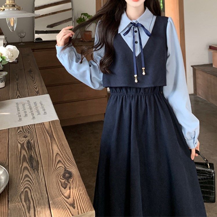 大碼女裝法式拼接假兩件馬甲連衣裙女胖妹妹新款學院風襯衫中長裙