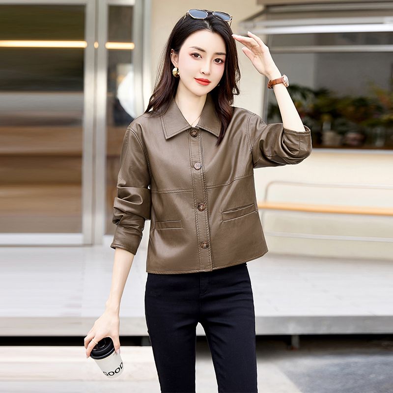 High-end Spring and Autumn Women's Short Leather Jacket  New Loose Lapel Long Sleeve Fashion Motorcycle Leather Jacket