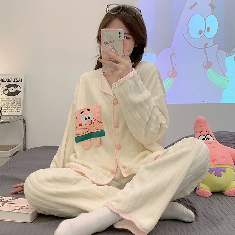 睡衣女款春秋冬季珊瑚絨加厚保暖2023年新款軟糯法蘭絨套裝家居服