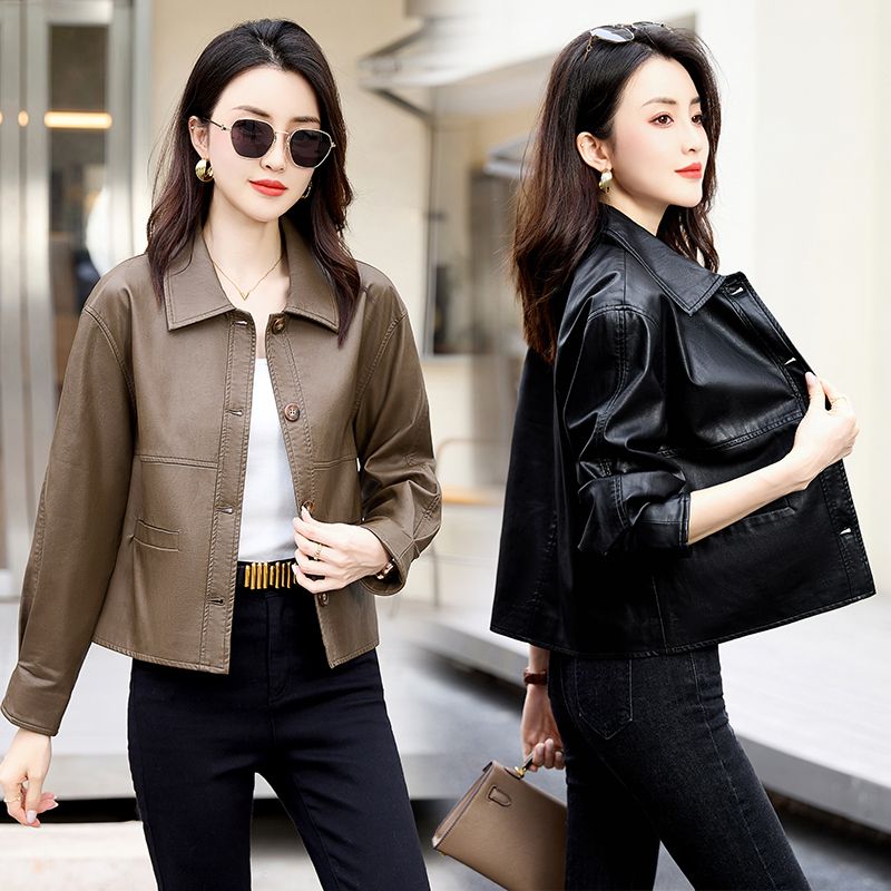 High-end Spring and Autumn Women's Short Leather Jacket  New Loose Lapel Long Sleeve Fashion Motorcycle Leather Jacket