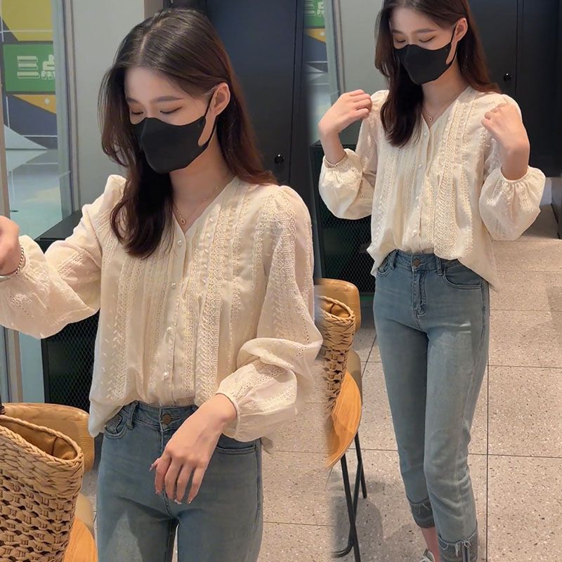藍海奕諾長袖V領蕾絲襯衫女2023秋季新款刺繡小衫法式氣質上衣潮