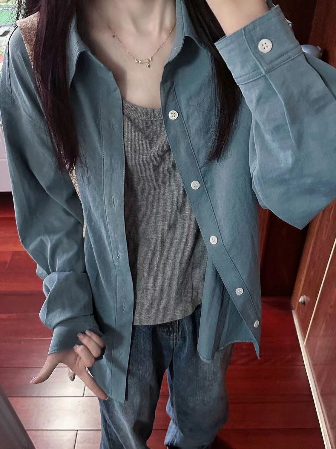 復古chic藍色純棉襯衫女寬鬆百搭顯瘦情侶款長袖襯衣外穿開衫ins