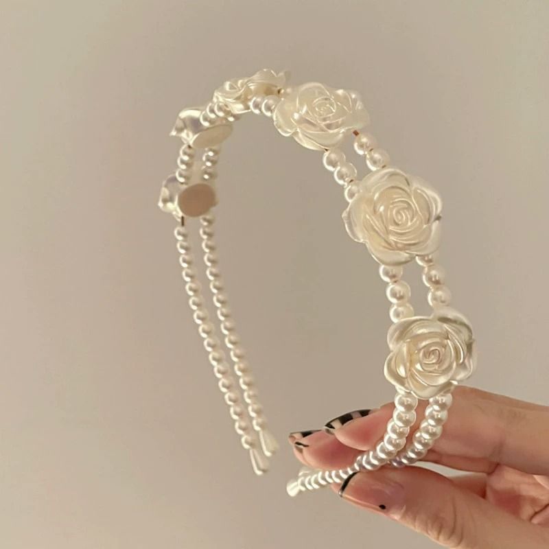 玫瑰花朵珍珠发箍复古法式超仙双层头箍精致高级发捆山茶花发饰夹