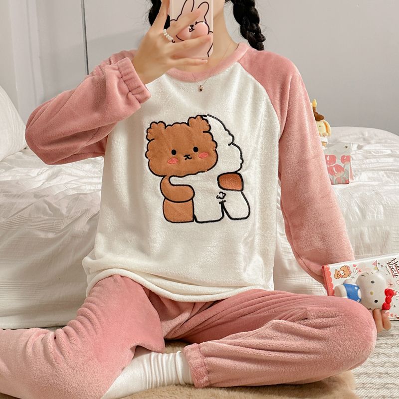 珊瑚絨睡衣女士秋冬季加厚加絨學生圓領卡通少女法蘭絨家居服套裝