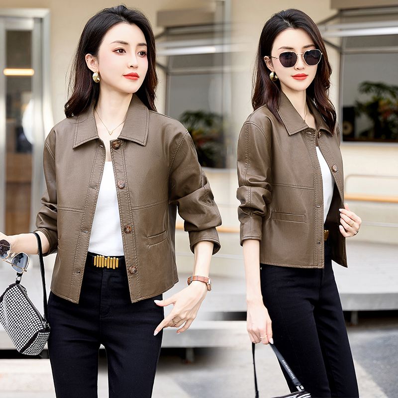 High-end Spring and Autumn Women's Short Leather Jacket  New Loose Lapel Long Sleeve Fashion Motorcycle Leather Jacket