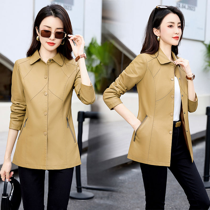 Haining high-end leather coat lapel autumn and winter women's coat mid-length slim fit  new leather jacket