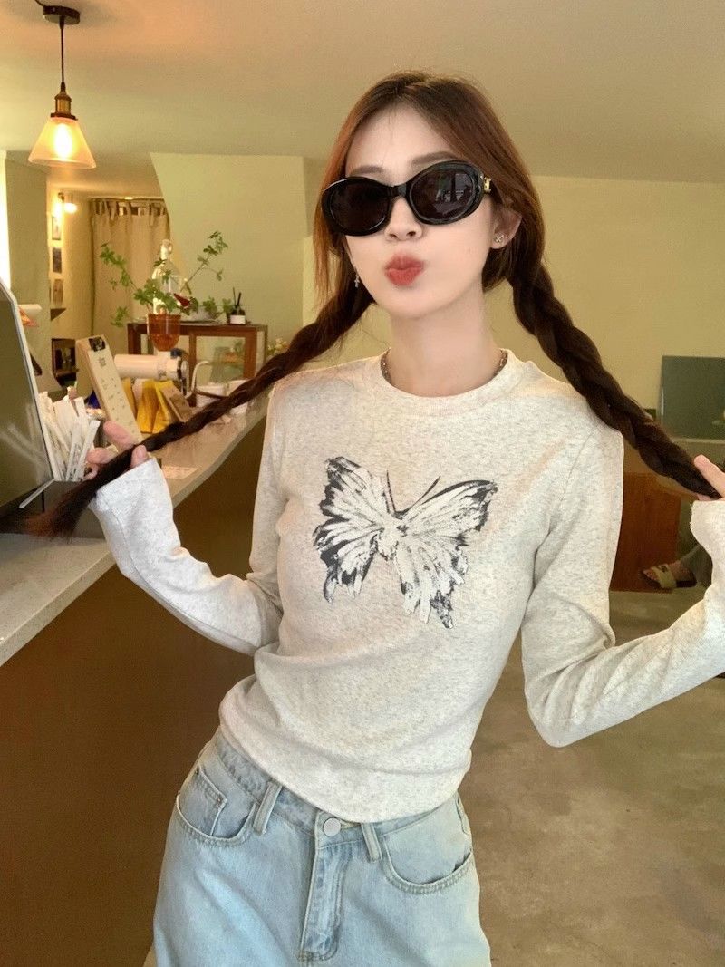 Sweet hottie long-sleeved right shoulder T-shirt for women autumn new slim fit short chic bottoming butterfly print top