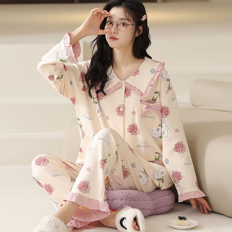 高檔純棉睡衣女春秋款休閒開衫長袖寬鬆套裝冬天月子家居服可外穿