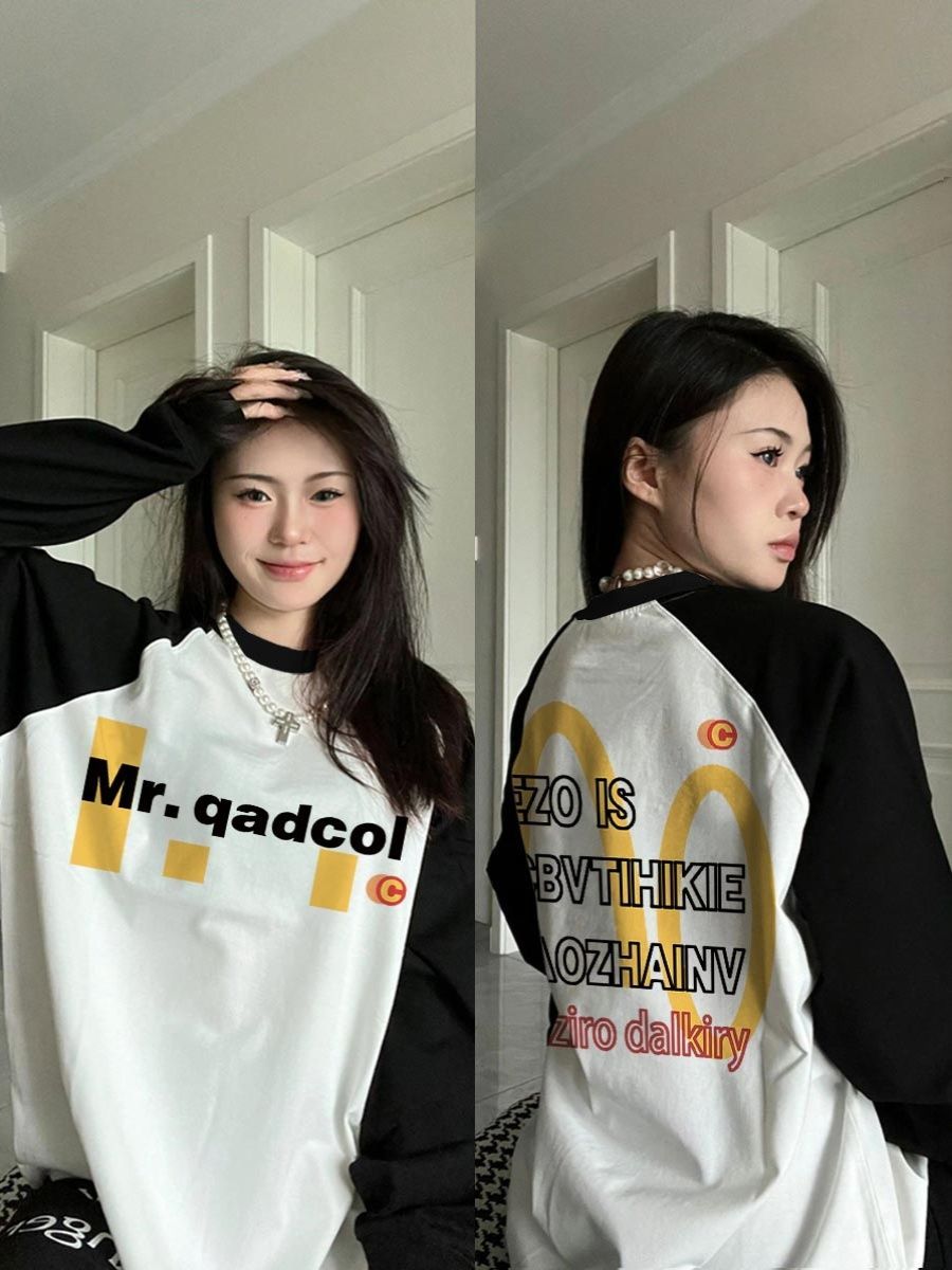 100%純棉重磅美式插肩長袖上衣女春秋2023新款圓領小眾內搭打底衫