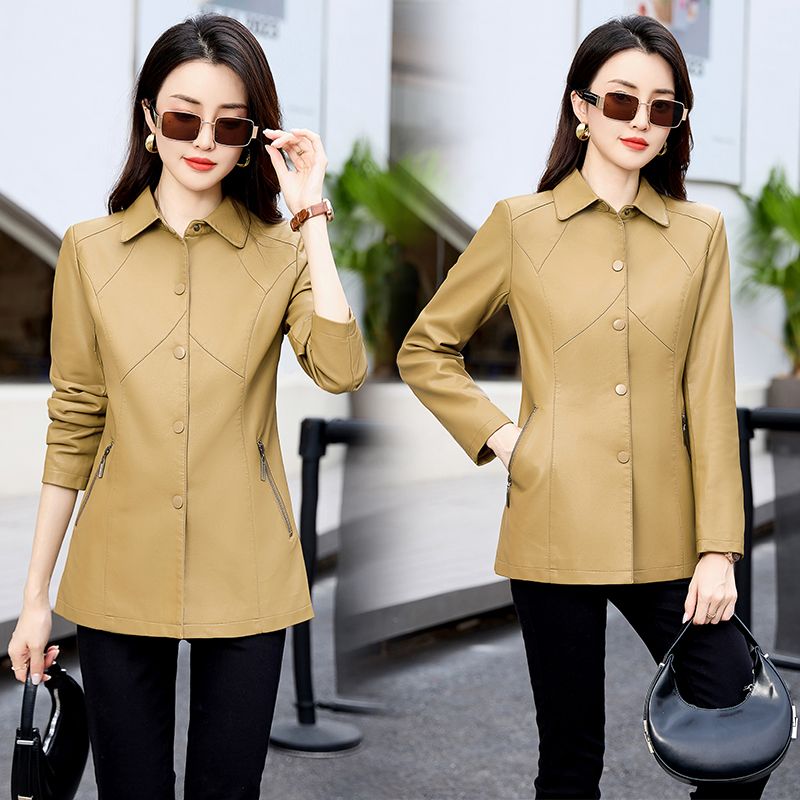 Haining high-end leather coat lapel autumn and winter women's coat mid-length slim fit  new leather jacket