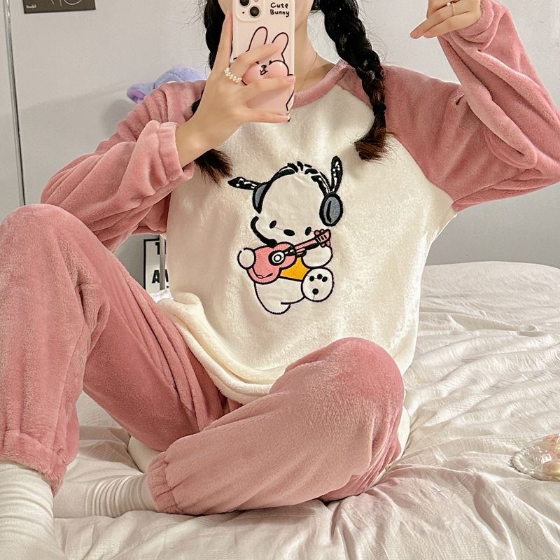 珊瑚絨睡衣女士秋冬季加厚加絨學生圓領卡通少女法蘭絨家居服套裝