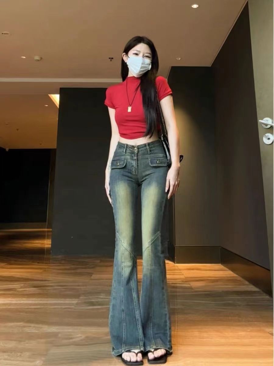 小個子復古辣妹性感高腰牛仔褲女百搭彈力顯瘦微喇叭長褲馬蹄褲潮