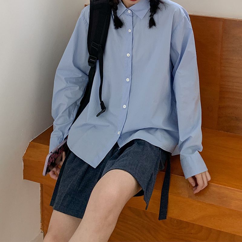 秋季女裝港風淺藍色襯衫女長袖外穿寬鬆百搭時尚學生襯衣上衣洋氣