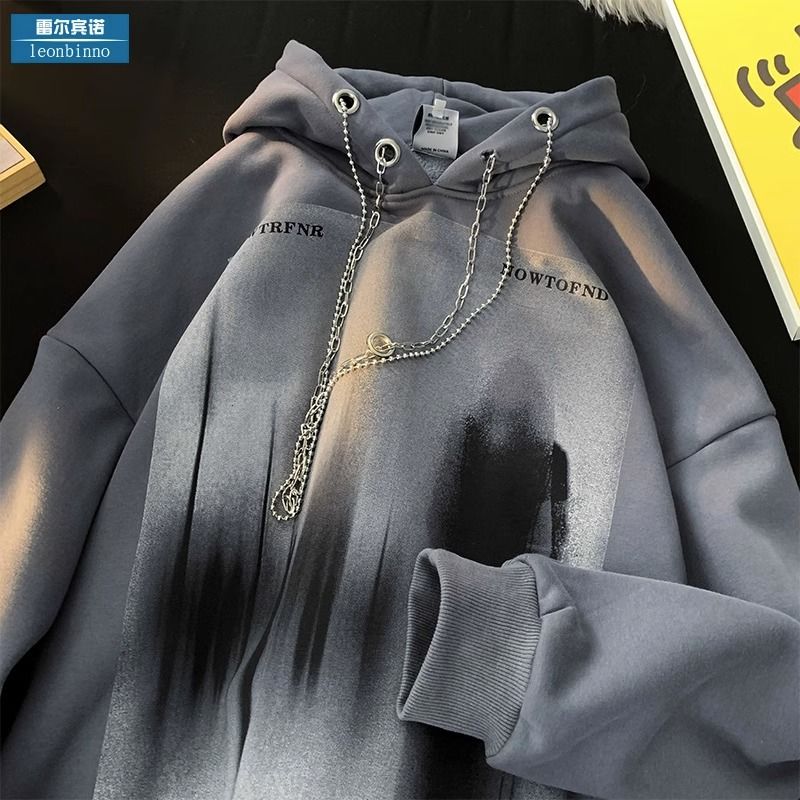 暗黑系hiphop潮牌衛衣男秋季設計感項鍊連帽上衣美式街頭寬鬆外套