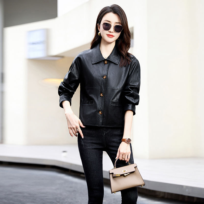 High-end Spring and Autumn Women's Short Leather Jacket  New Loose Lapel Long Sleeve Fashion Motorcycle Leather Jacket