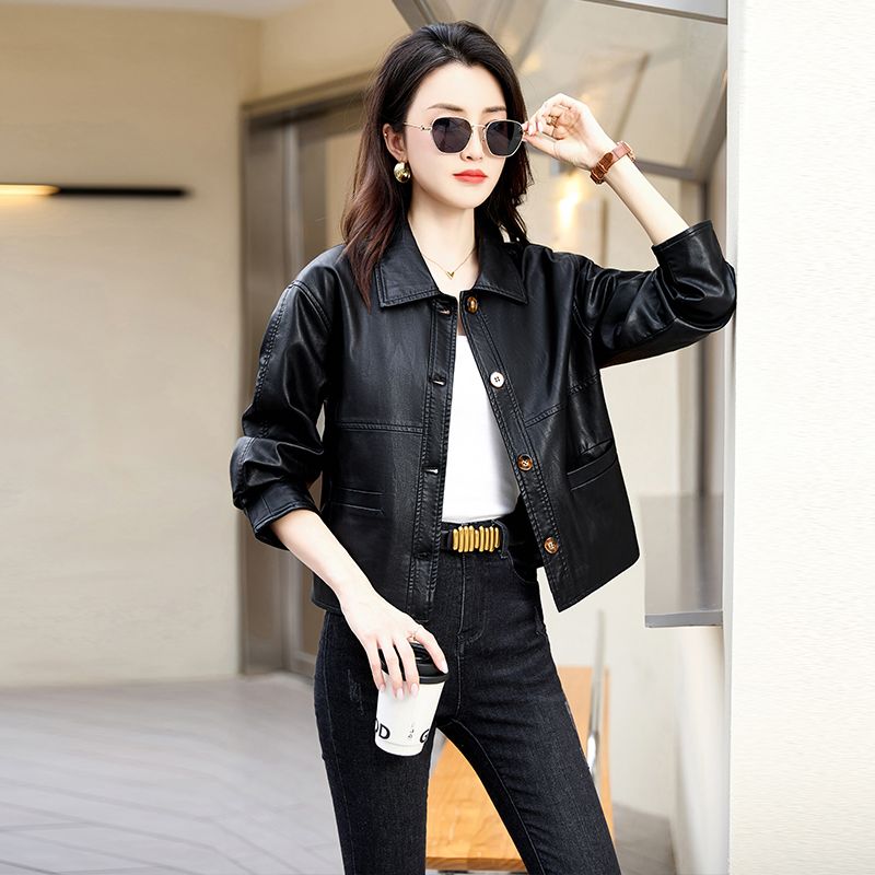 High-end Spring and Autumn Women's Short Leather Jacket  New Loose Lapel Long Sleeve Fashion Motorcycle Leather Jacket