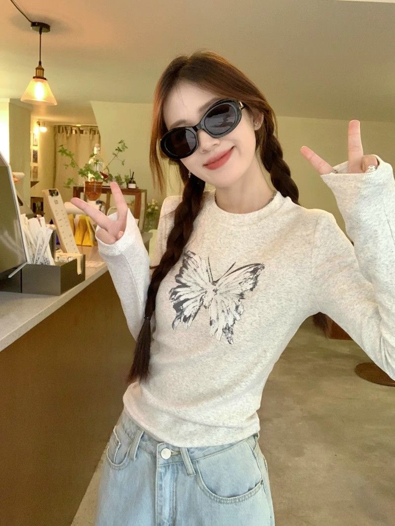 Sweet hottie long-sleeved right shoulder T-shirt for women autumn new slim fit short chic bottoming butterfly print top