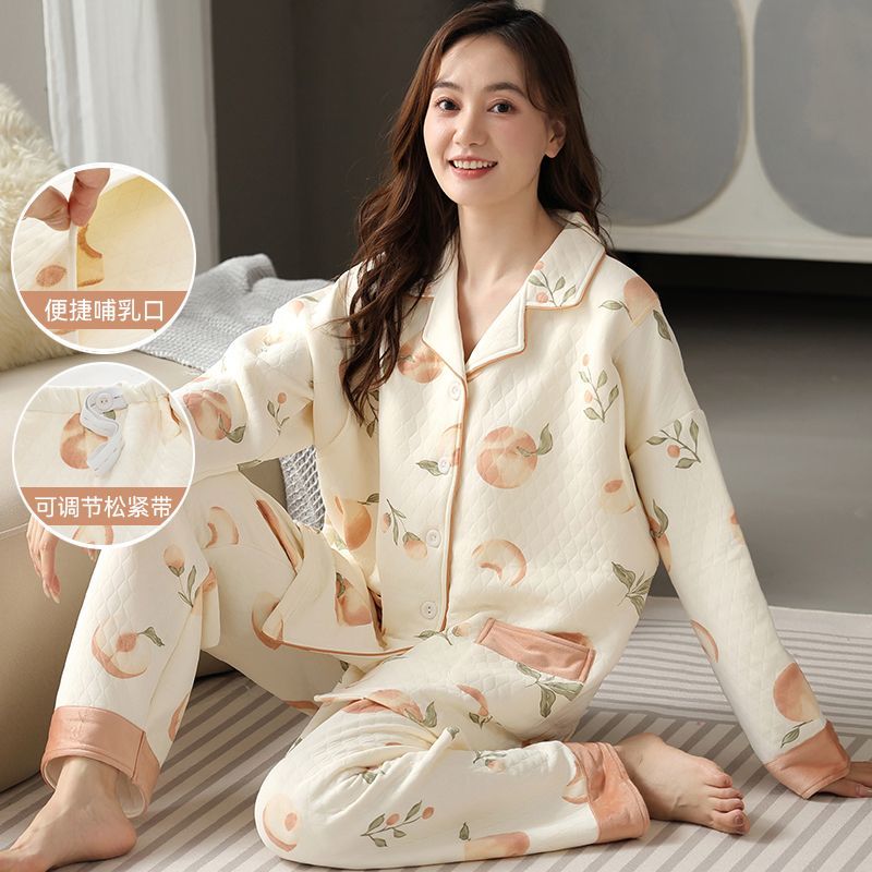 新款純棉高檔睡衣女士秋冬季長袖開衫夾層空氣棉月子家居服可外穿