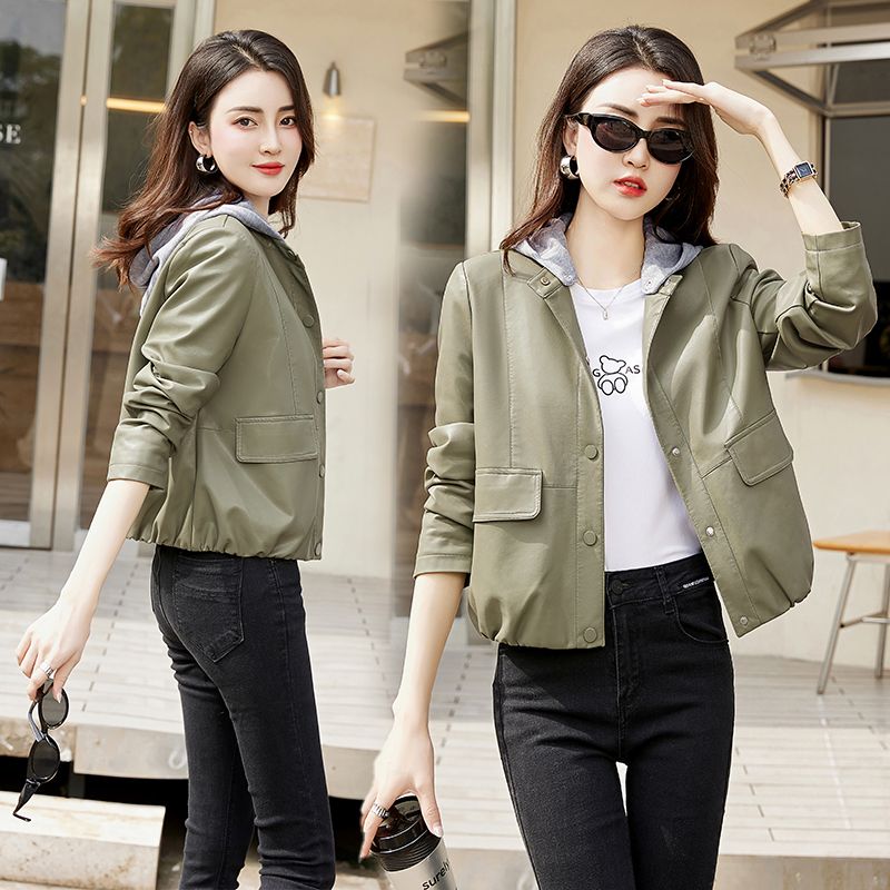 Leather jacket for women, short, versatile, slimming, small characters,  new Haining high-end and high-end motorcycle wear