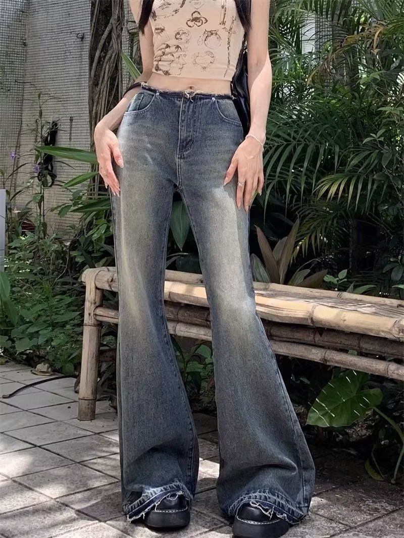顯瘦喇叭褲微喇叭梨形身材高腰彈力毛邊牛仔褲女高街網紅拖地褲子