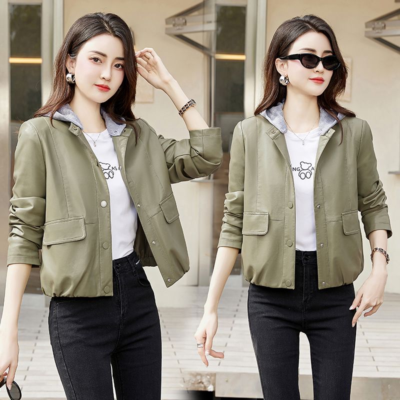 Leather jacket for women, short, versatile, slimming, small characters,  new Haining high-end and high-end motorcycle wear