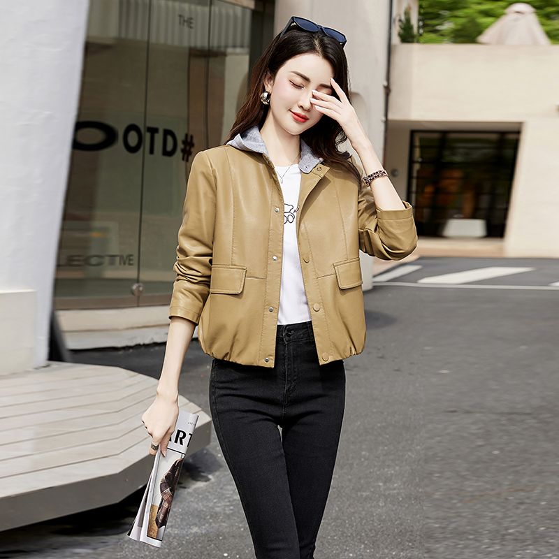 Leather jacket for women, short, versatile, slimming, small characters,  new Haining high-end and high-end motorcycle wear