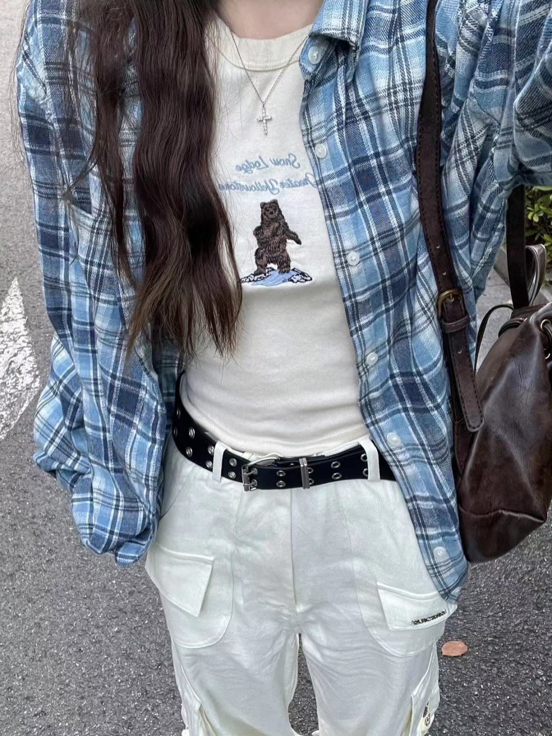 春秋款美式時尚chic藍色格子襯衫襯衫女寬鬆休閒慵懶風襯衣外穿潮