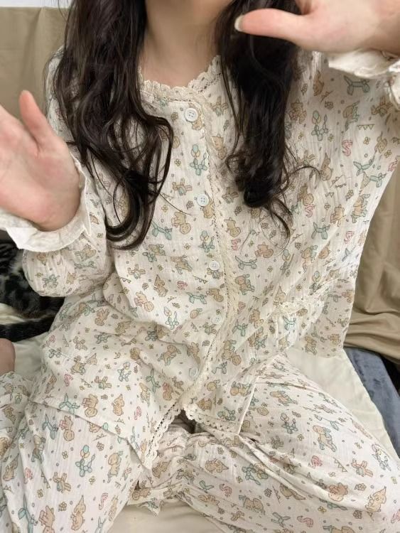 可愛氣球狗睡衣女春秋新款日系甜美花邊長袖長褲學生家居服兩件套