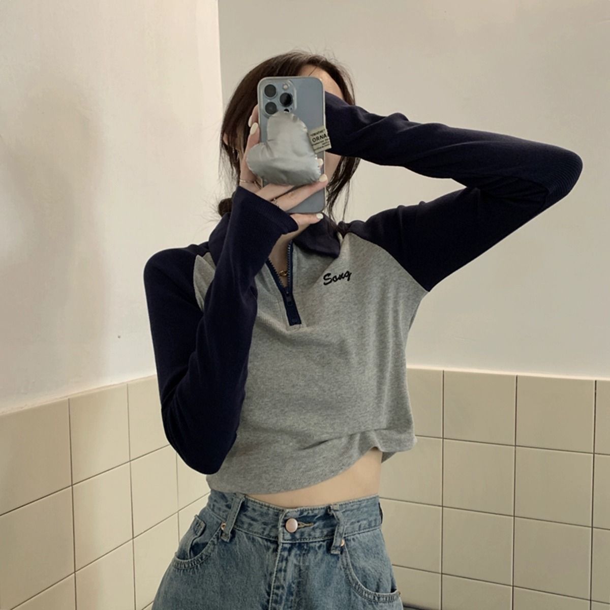 美式撞色polo領內搭長袖T恤打底衫女早秋季辣妹修身顯瘦短款上衣