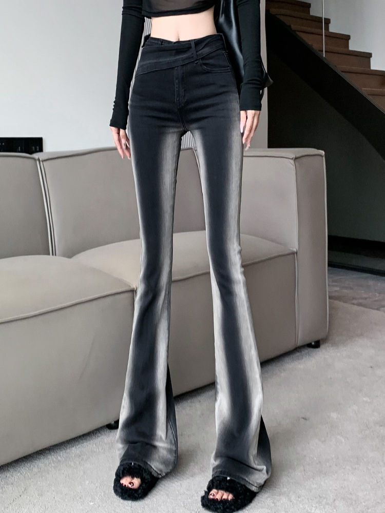 YSYOURS漸變黑色微喇叭牛仔褲女春秋高腰顯瘦大碼胖MM馬蹄拖地褲