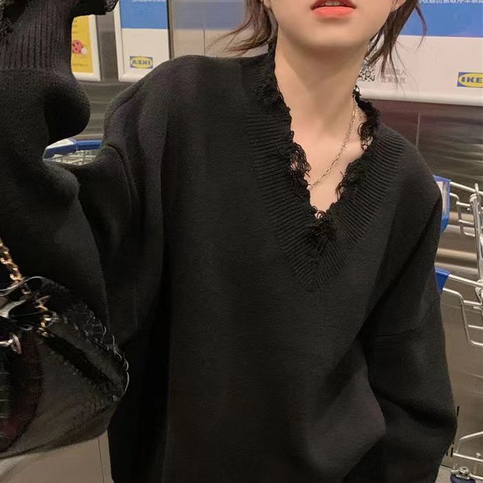 復古破洞毛衣慵懶風v領毛衣女新款2023秋冬寬鬆外穿長袖針織衫潮