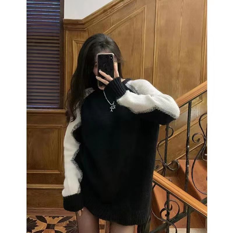 甜美撞色慵懶風毛衣女冬季新款復古港味設計感寬鬆長袖針織上衣潮
