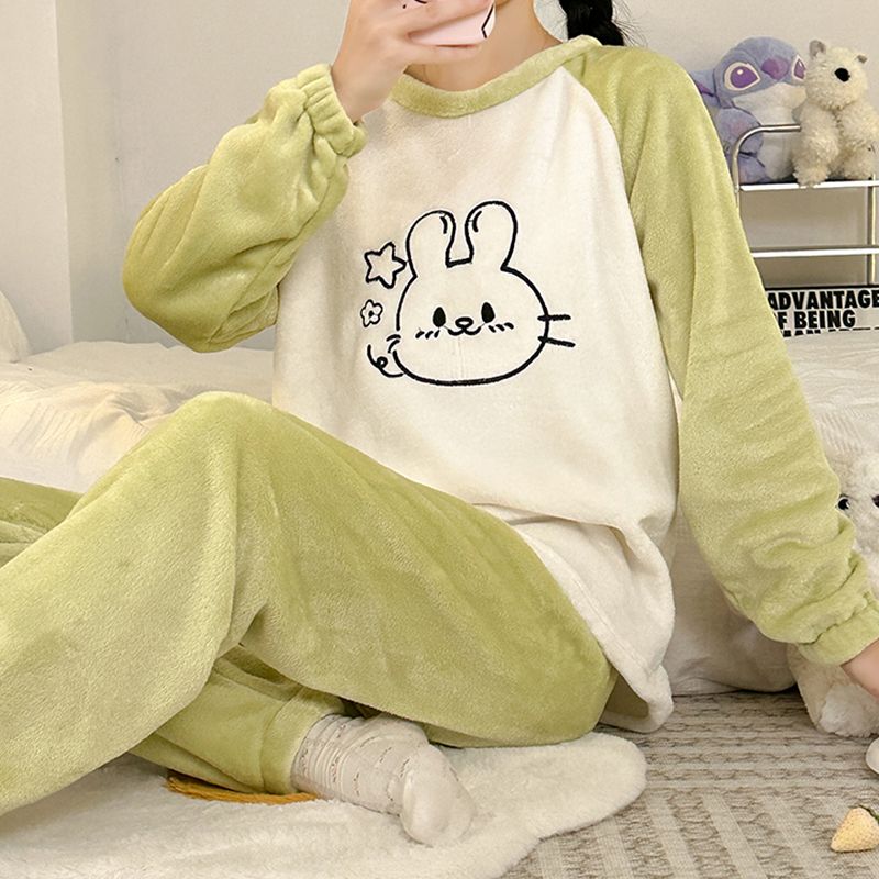 珊瑚絨睡衣女士秋冬季加厚加絨學生圓領卡通少女法蘭絨家居服套裝