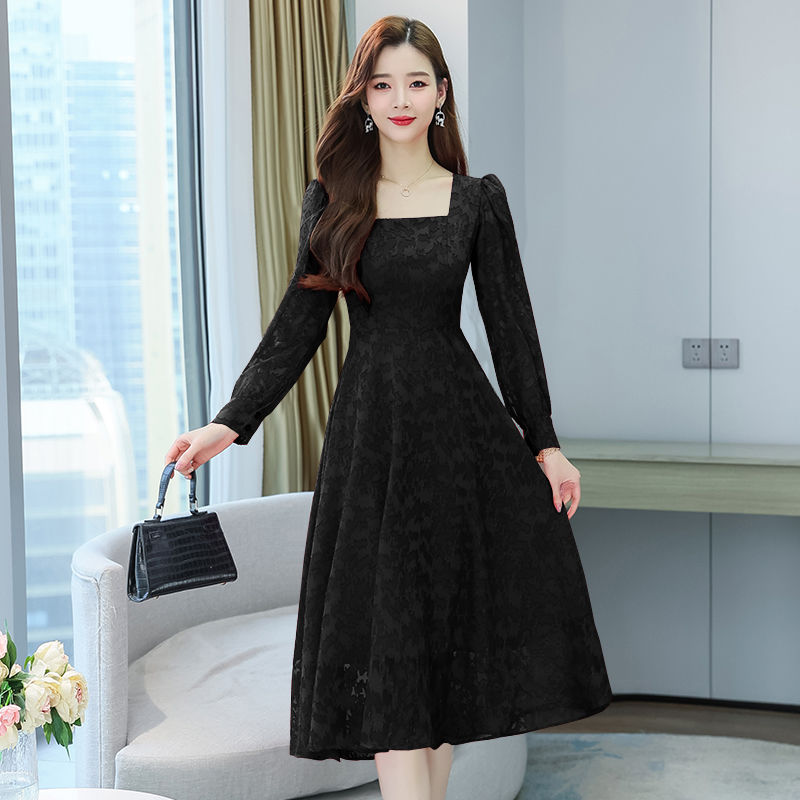 高級感收腰顯瘦連衣裙女2023胖mm大碼長袖優雅氣質女神范長裙子