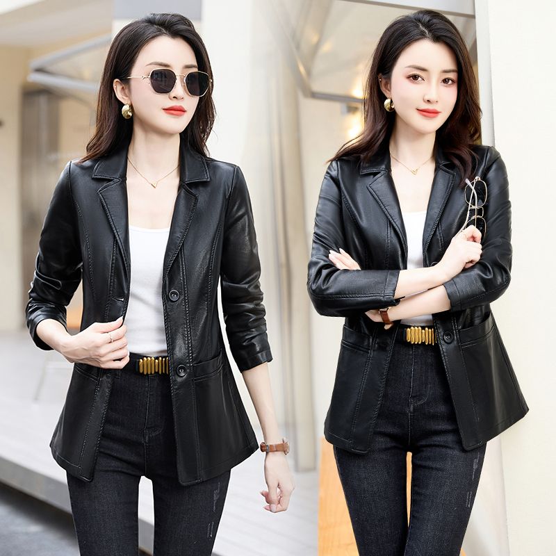 Spring and Autumn Women's Leather Jacket  New Jacket Slim Waist Fashionable Slim Mid-Length Motorcycle Jacket