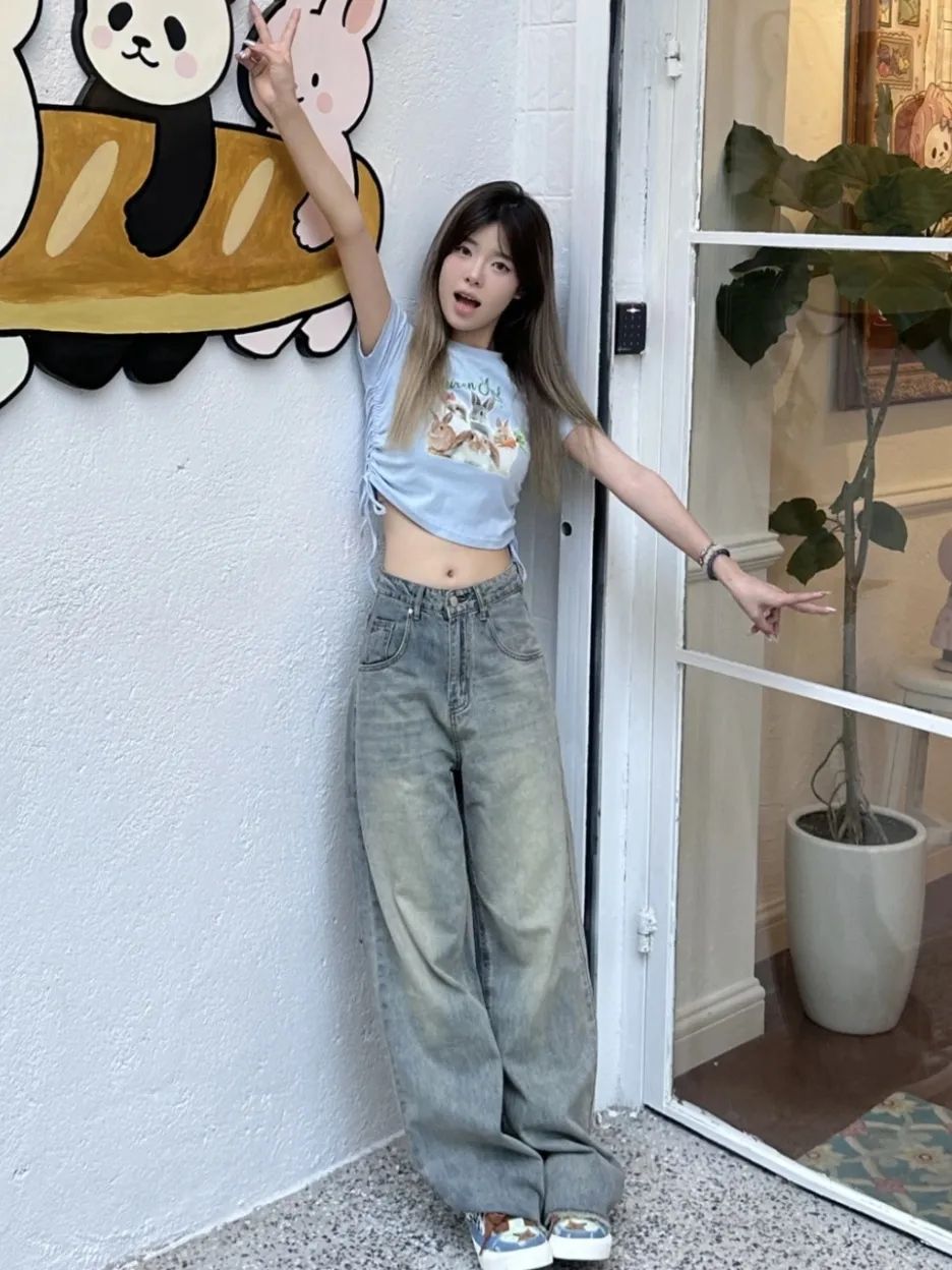 復古做舊闊腿牛仔褲女2023春秋新款高腰寬鬆百搭垂感拖地直筒褲子