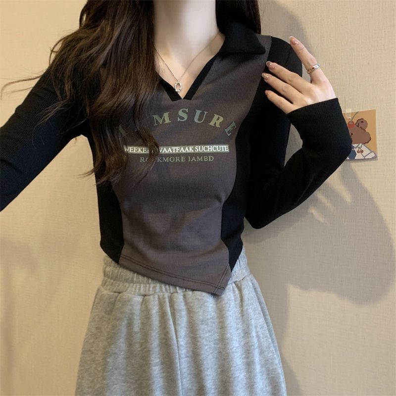 大碼字母印花長袖美式復古t恤秋季2023新款女裝胖mm不規則上衣女