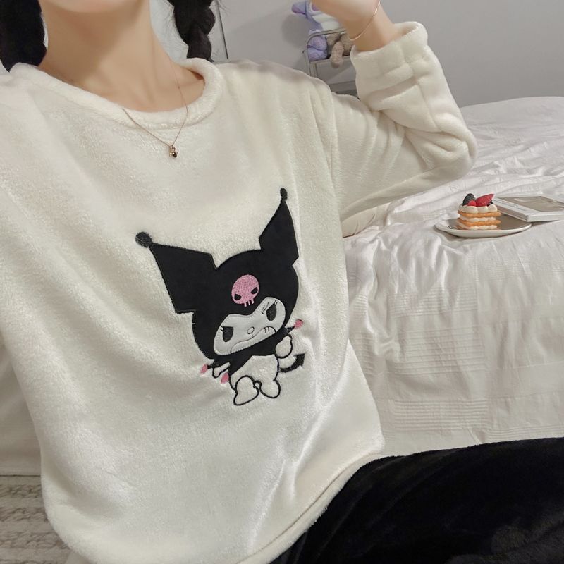 珊瑚絨睡衣女士秋冬季加厚加絨學生圓領卡通少女法蘭絨家居服套裝